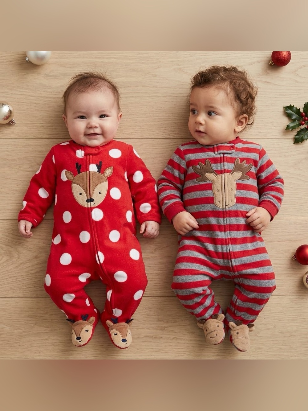 Carter's Red Polka Dot & Gray-Red Striped Reindeer Moose Footed One-Pieces 3 Mo